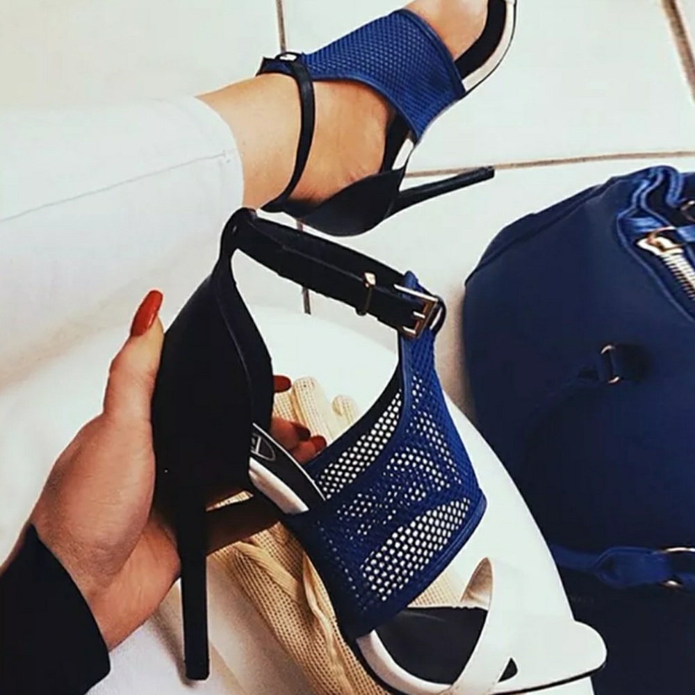 Aqua blue/white open toe mesh heel